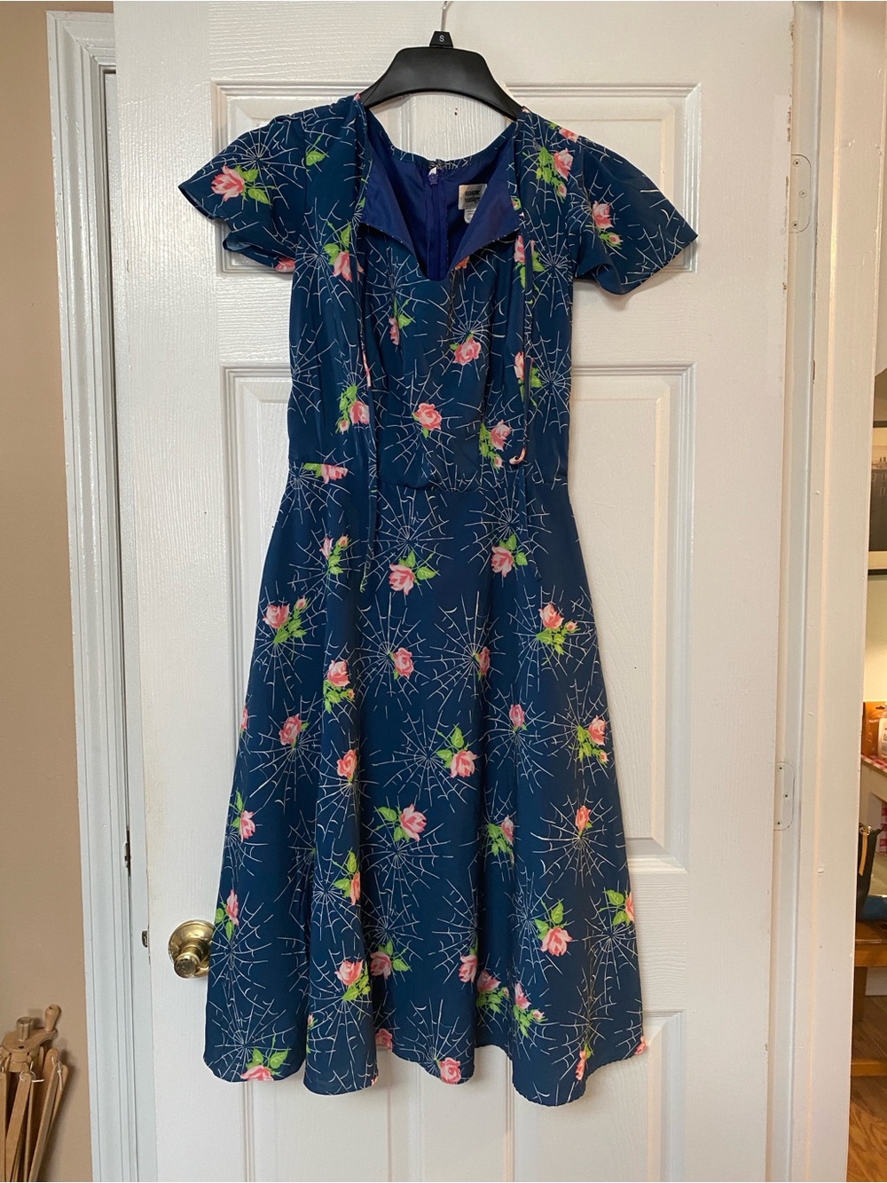 Rare Unique Vintage Spiderweb Roses Navy Blue Flare Dress - Picture 4 of 15